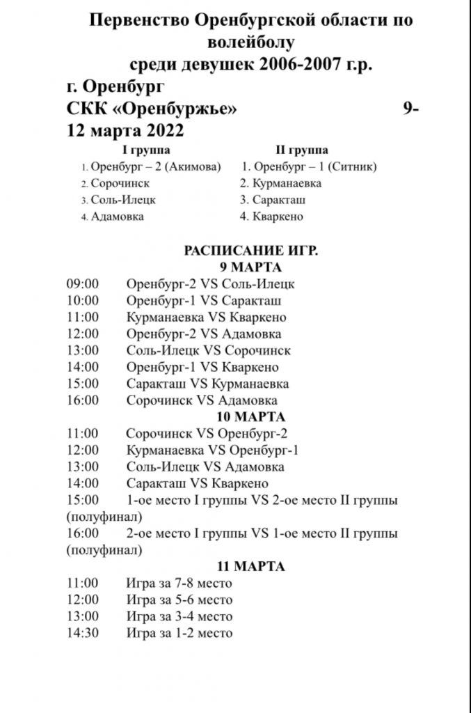 Расписание первенства Оренбургской области по волейболу среди девушек 2006-2007 г.р.